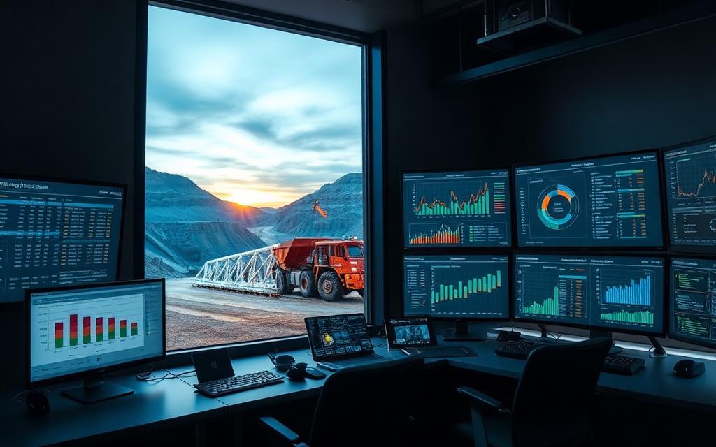 Mining project controls dashboard overlaid on an aerial view of an active mine site