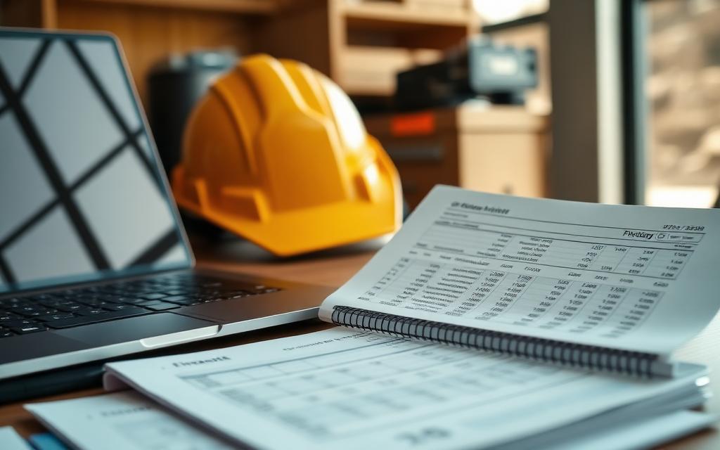 Engineer reviewing final account documents at a mine site office with heavy equipment in the background